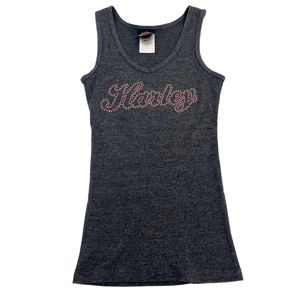Harley-Davidson Gray Rhinestone Logo V-Neck Ribbed Tank Top Biker - Size XS